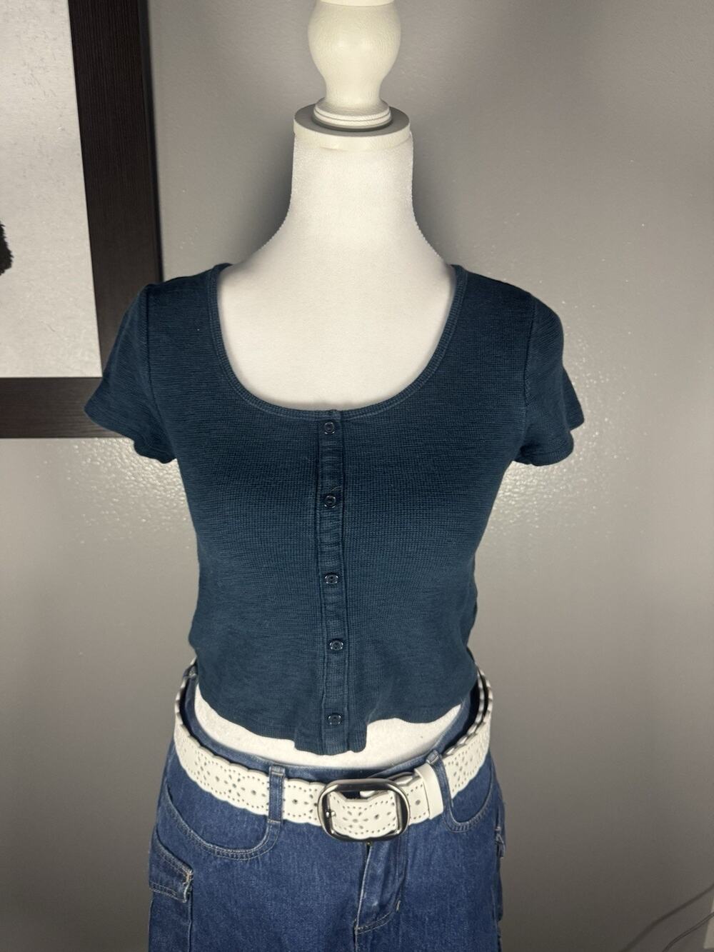 Wild Fable Short Sleeve Blue Crop Rbbed Faux Button Front Juniors Size Small